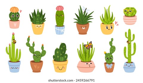 Cute cactus. Cartoon cactuses, succulents or cacti plant characters in pots. Mexican prickly plants with funny faces and emotion. Fun home cacti stickers and badges. Vector set. Floral elements