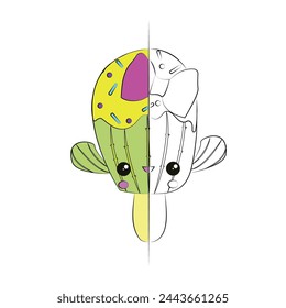 Cute cactus cartoon character coloring pages for kids' activities. Pages feature partially colored images as examples for coloring. for kids and toddlers learning to color. Template colouring pages