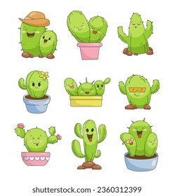 Cute cactus cartoon character. Hand style. Funny plants with different emotions. Vector drawing. Collection of design elements.