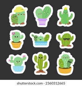 Cute cactus cartoon character. Sticker Bookmark. Hand style. Funny plants with different emotions. Vector drawing. Collection of design elements.