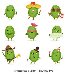 Cute cactus cartoon characters set, cacti activities with different emotions and poses, colorful detailed vector Illustrations