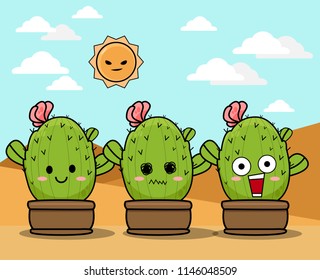 Cute cactus cartoon with emotion face vector illustration set.