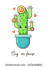 Cute cactus cartoon kawaii with funny face in pot, crown flower and wishes. Vector hand drawn illustration, fashion slogan. Nursery design poster, birthday, greeting cards, invitations or like sticker