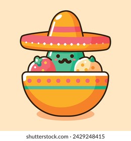 Cute cactus celebrating cinco de mayo with mexican hat in a bowl vector illustration