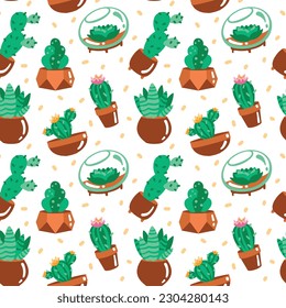 Cute cactus in a ceramic pot. House Flowers. Seamless pattern Vector.