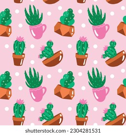 Cactus lindo en una olla de cerámica sobre fondo rosado. Flores de casa. Vector de patrón sin inconvenientes.