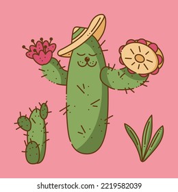 Cute Cactus Character. Cartoon Character Cactus In A Sombrero, With Flowers Plays The Tambourine. Cartoon Doodle Illustration.
