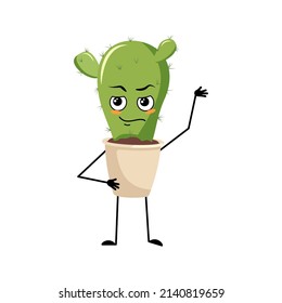Cute cactus character with emotions of hero, brave face, arms and leg. Houseplant with courage expression. Vector flat illustration