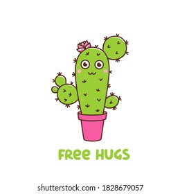 Cute cactus character with a flower in a pot with hearts. Text: Free hugs. Vector illustration in cartoon kawaii style. 