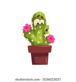 Cute cactus character with flowers, succulent plant with funny face in flowerpot vector Illustration on a white background