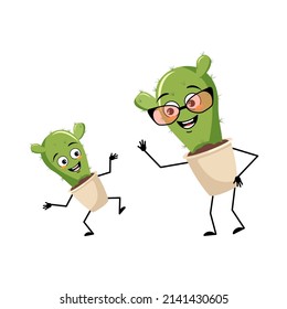 Cute cactus character with glasses and grandson dancing character with happy emotion, joyful face, smile eyes, arms and legs. Houseplant with funny expression. Vector flat illustration