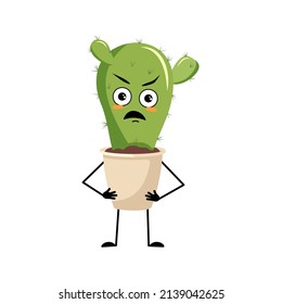 Cute cactus character in pot with angry emotions, grumpy face, furious eyes, arms and legs. Houseplant with irritated expression. Vector flat illustration