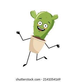 Cute cactus character in pot with crazy happy emotion, joyful face, smile eyes, dancing arms and legs. Houseplant with funny expression and pose. Vector flat illustration