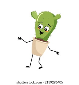 Cute cactus character in pot with happy emotion, joyful face, smile eyes, arms and legs. Houseplant with funny expression. Vector flat illustration