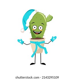 Carácter de cactus lindo en la olla en el sombrero de Santa con emoción feliz, cara alegre, ojos sonrientes, brazos y piernas. Hogar con expresión y pose divertida. Ilustración plana del vector