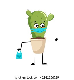 Cute cactus character with sad emotions, face and mask keep distance, hands with shopping bag and stop gesture. Houseplant with care expression and pose. Vector flat illustration