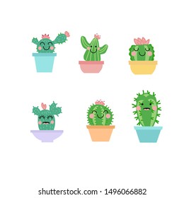 Cute Cactus Character Set. Cacti with eyes flat hand drwn illustration