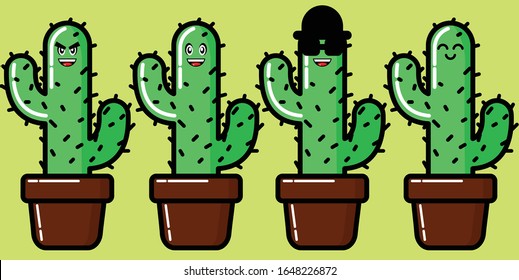 Cute Cactus Character Vector Illuatration.  Set 4 Mascot.