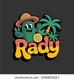 Cute cactus character wearing a sombrero with tropical palm trees and citrus fruit. Fun cartoon illustration with retro text style on dark background.

