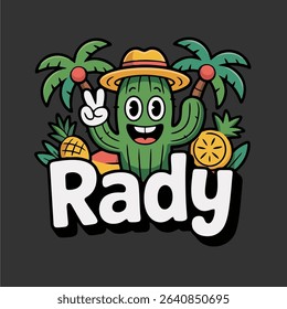 Cute cactus character wearing a sombrero with tropical palm trees and citrus fruit. Fun cartoon illustration with retro text style on dark background.

