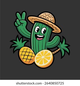 Cute cactus character wearing a sombrero with tropical palm trees and citrus fruit. Fun cartoon illustration with retro text style on dark background.

