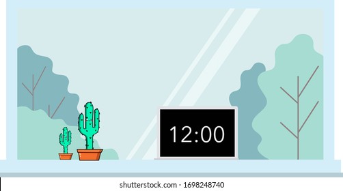 Cute cactus character and window in wall background. Vector illustration. Funy face. Bright color