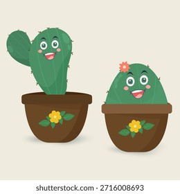 Personajes lindos del cactus fijados en macetas de flores de dibujos animados sonrientes. Dos mejores amigos. Perfecto para conceptos de amistad, diseño de niños, pegatinas, Ilustración vectorial de tarjetas de felicitación.