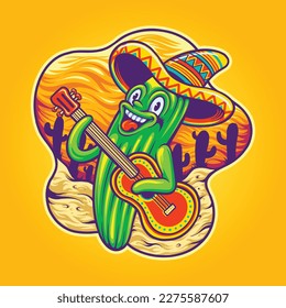 Cute cactus cinco de mayo mexican guitar logo cartoon illustrations vector for your work, merchandise t-shirt, stickers and label designs, poster, greeting cards advertising business company business