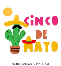 Cute cactus. Cinco de Mayo. Mexican national holiday. Hand drawn illustration on white background.