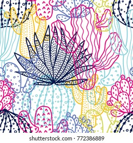 Cute cactus. Colorful line seamless pattern.