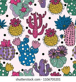 Cute cactus. Colorful seamless pattern.