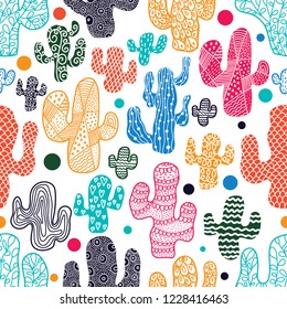 Cute cactus. Colorful seamless pattern.