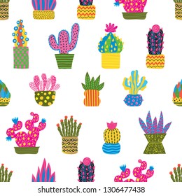 Cute cactus. Colorful seamless pattern. Endless pattern can be used for ceramic tile, wallpaper, linoleum, textile, web page background.