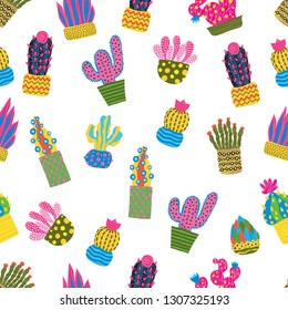 Cute cactus. Colorful seamless pattern. Endless pattern can be used for ceramic tile, wallpaper, linoleum, textile, web page background.