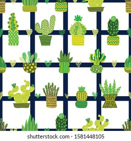 Cute cactus. Colorful seamless pattern. Endless pattern can be used for ceramic tile, wallpaper, linoleum, textile, web page background.