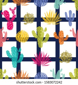 Cute cactus. Colorful seamless pattern. Endless pattern can be used for ceramic tile, wallpaper, linoleum, textile, web page background.