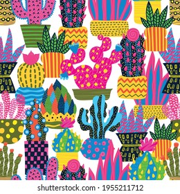 Cute cactus. Colorful seamless pattern. Endless pattern can be used for ceramic tile, wallpaper, linoleum, textile, web page background