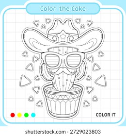 Cute cactus coloring page designed for kids activities. This printable and editable vector illustration features a cool cactus with sunglasses, perfect for coloring worksheets, preschool activities, educational materials, and creative play.