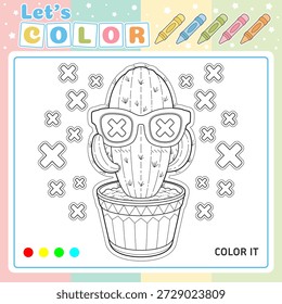 Süße Kaktus Malvorlage für Kinder Aktivitäten. Diese druckbare und bearbeitbare Vektorgrafik zeigt einen coolen Kaktus mit Sonnenbrille, perfekt zum Färben von Arbeitsblättern, Vorschulaktivitäten, Lehrmaterial und kreativem Spielen.