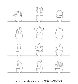 Cute cactus continuous one line drawing. Black and white home plants