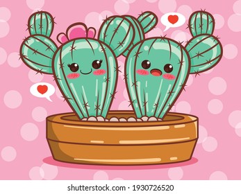 cute cactus couple cartoon character and illustration.