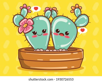 cute cactus couple cartoon character and illustration.