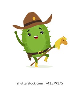 Cute cactus cowboy, funny plant character riding on toy horse, cartoon vector Illustration