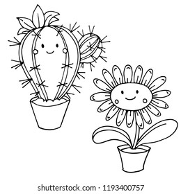 Cute Cactus and Daisy Flower plants with smiling face, line art hand drawn icon set, stock vector illustration isolated on white background, design for coloring book page