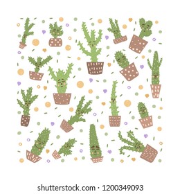 Cute cactus design set. Hand drawn style houseplant square composition. Vector illustration.