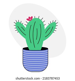 Cute cactus doodle. Cartoon cactus in a blue striped pot on a white background. Cool vector illustration in flat style.