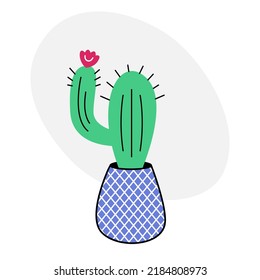 Cute cactus doodle. Cartoon cactus in a blue checkered pot on a white background. Cool vector illustration in flat style.