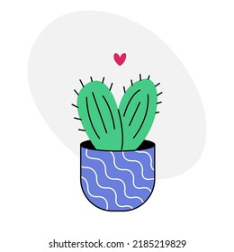 Cute cactus doodle. Cartoon cactus in a blue striped pot on a white background. Cool vector illustration in flat style.