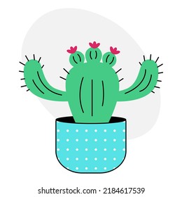 Cute cactus doodle. Cartoon cactus with flowers in a blue polka dot pot on a white background. Cool vector illustration in flat style.