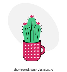 Cute cactus doodle. Cartoon cactus with flowers in a pink polka dot pot on a white background. Cool vector illustration in flat style.